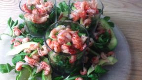 Avocados mit Flusskrebsen auf Vogerlsalat